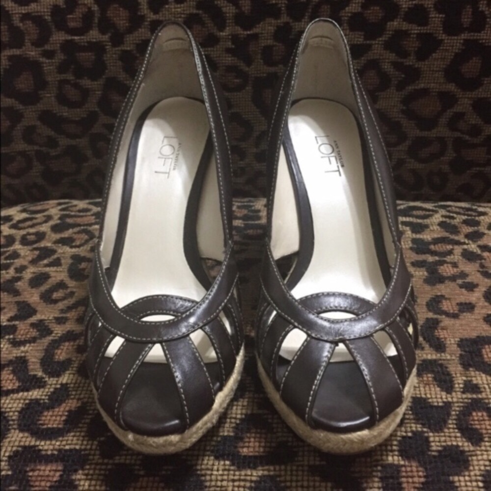 Loft brown leather open toe wedges